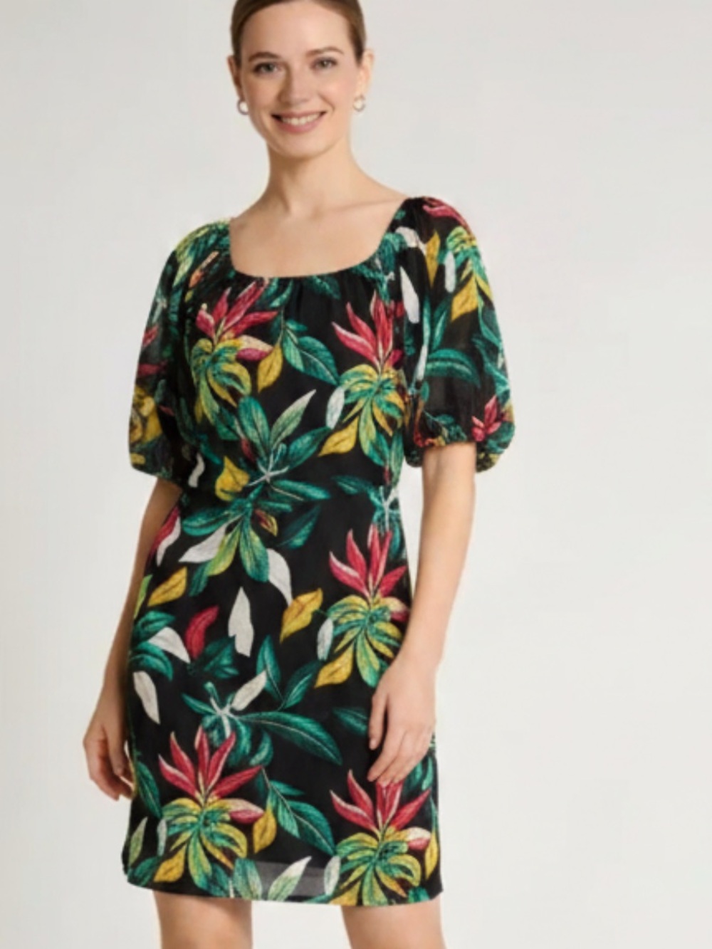 Bellambra Made in Italy Tropical Leaf Silk Blend Sheer Shift Dress Layered L